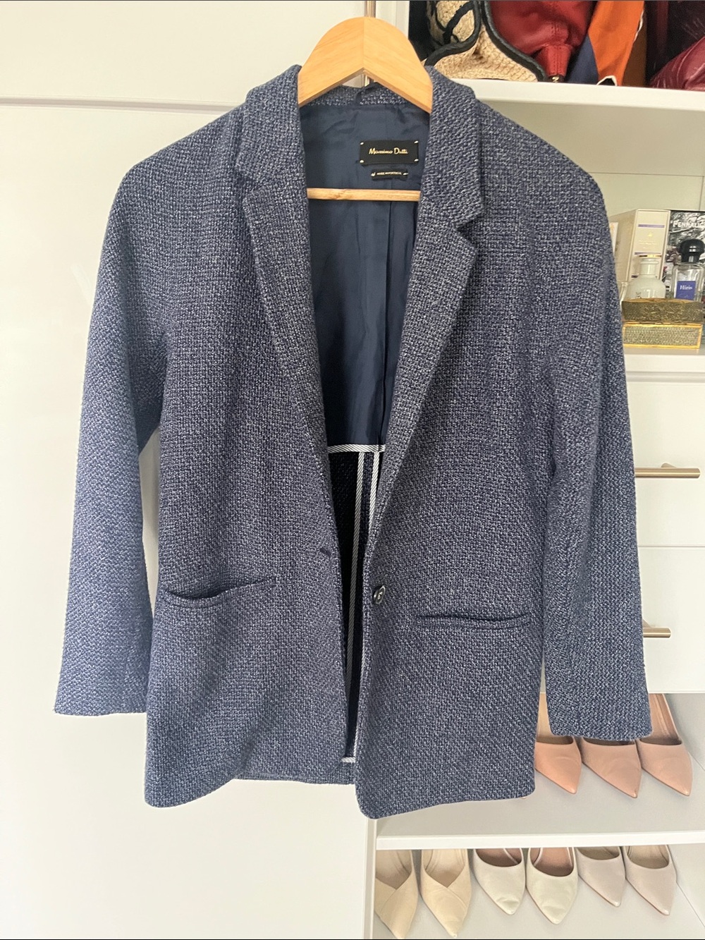 Massimo Dutti Women's Navy Textured cotton Blazer